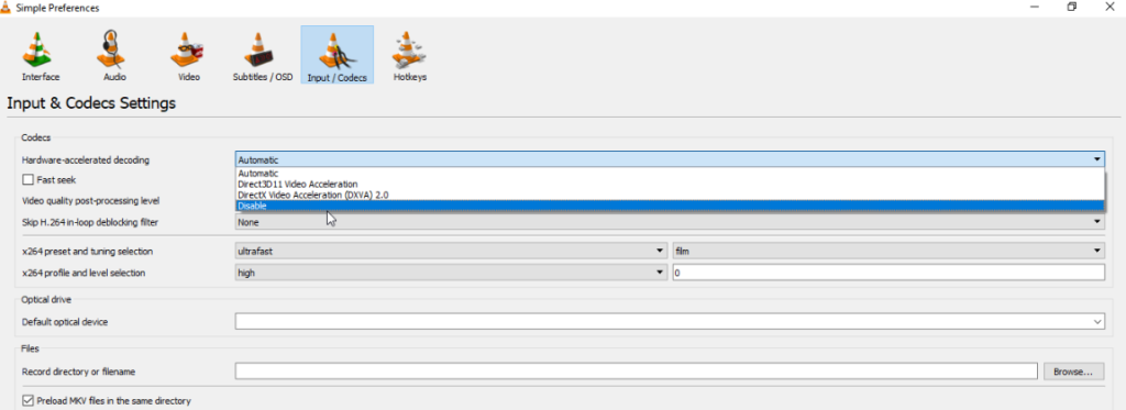 disabling hardware decoding